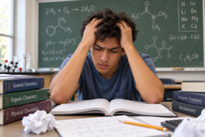 Frustrated high school student struggling with chemistry homework